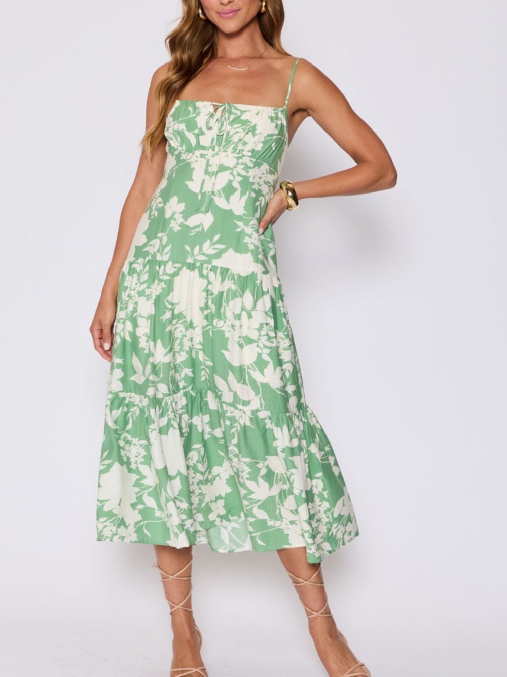 VICI Green Floral Drop waist Midi Sundress